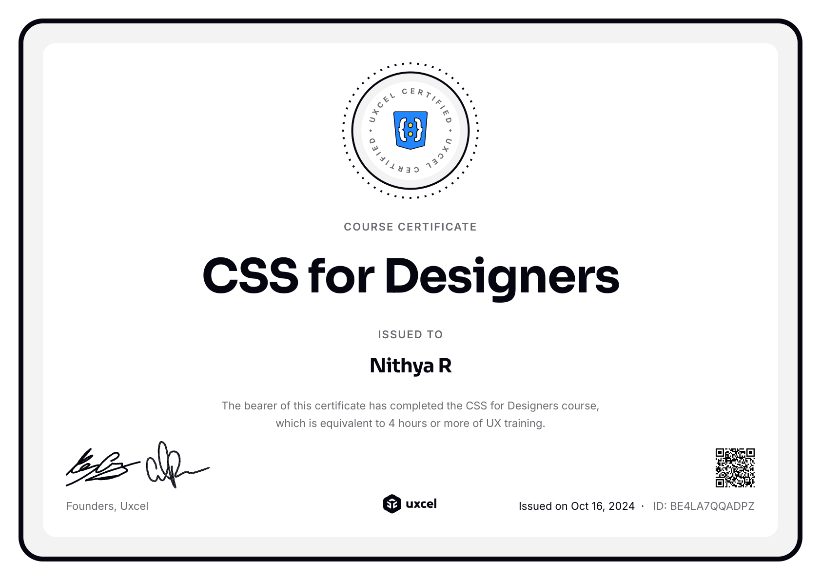Nithya R's certificate